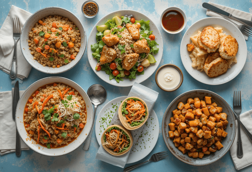 Served meal prep chicken dishes including salads, wraps, bowls, and stir-fries