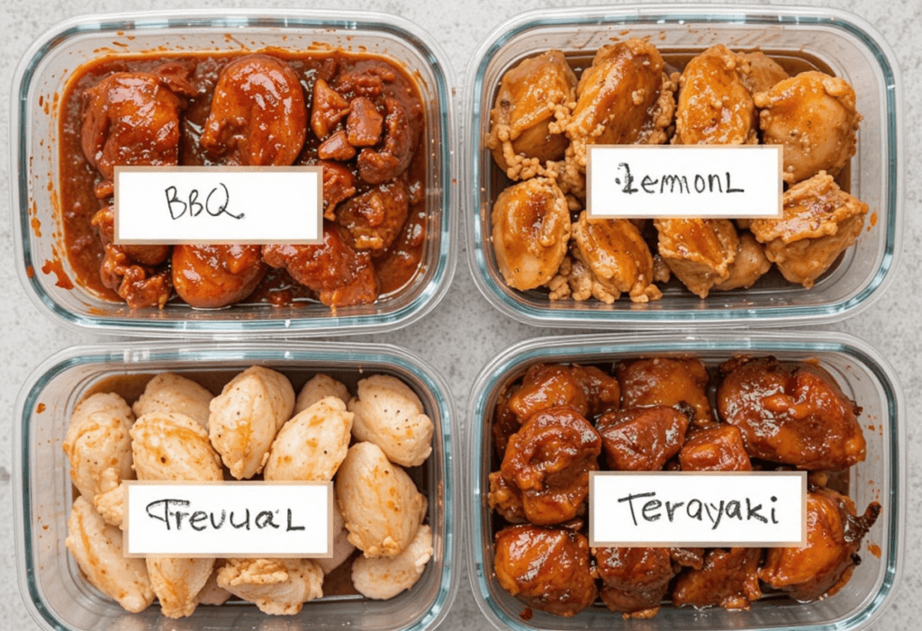 Meal prep chicken containers with different flavors like BBQ, lemon herb, and spicy chili