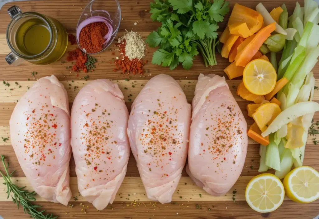 Ingredients for meal prep chicken including raw chicken breasts, spices, and fresh herbs