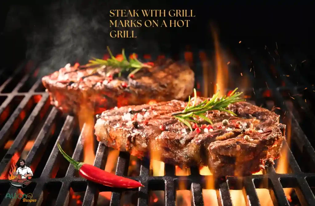 Steak with grill marks on a hot grill. Great visual for the grilling method.